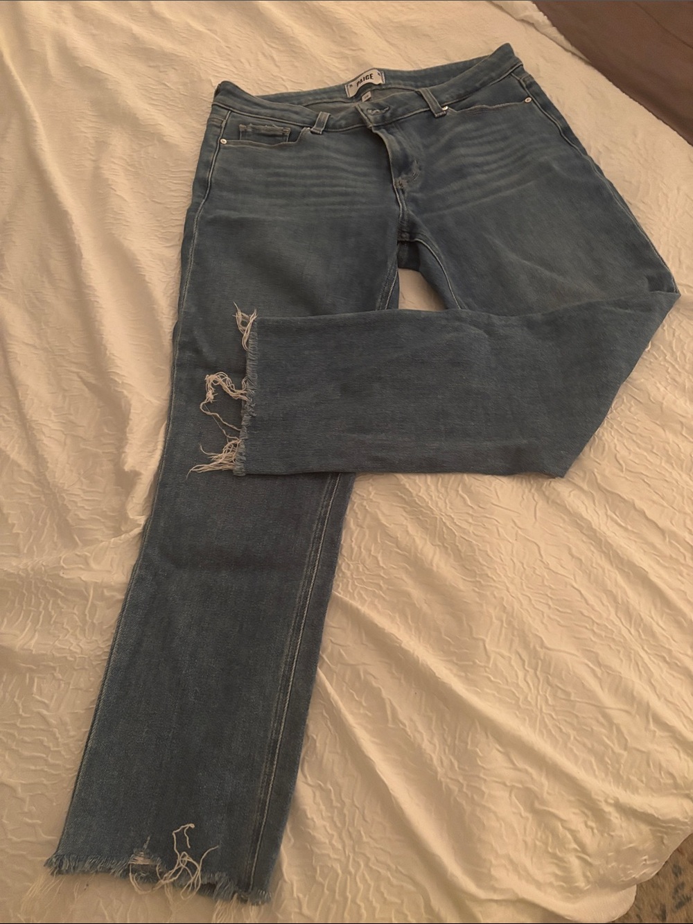 PAIGE Medium Blue Cropped Straight Jeans with Frayed Hem